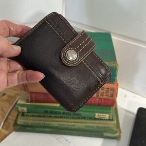 Vintage Fossil Brown leather double fold wallet /lime bohemian lining